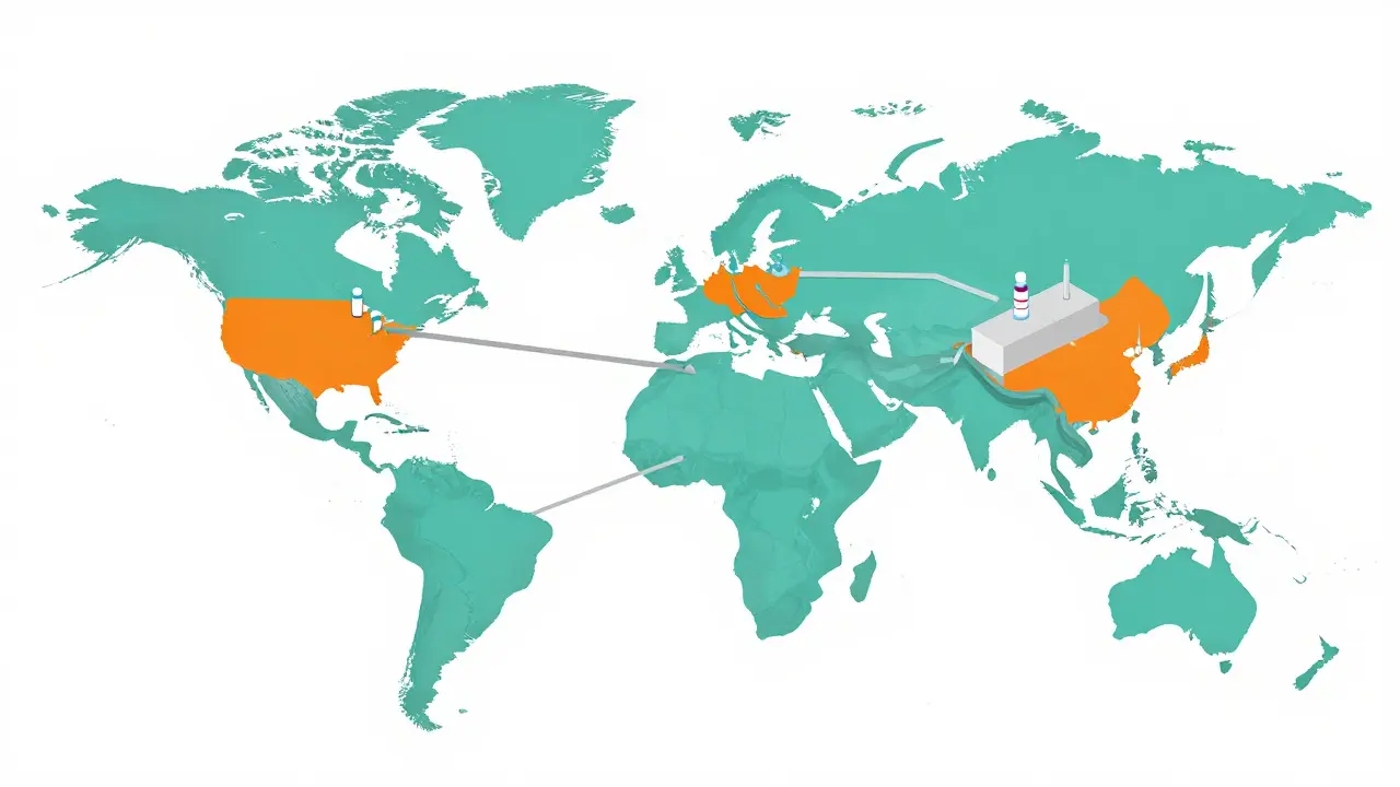 Global map showing fragmented pharmaceutical supply lines in flat design