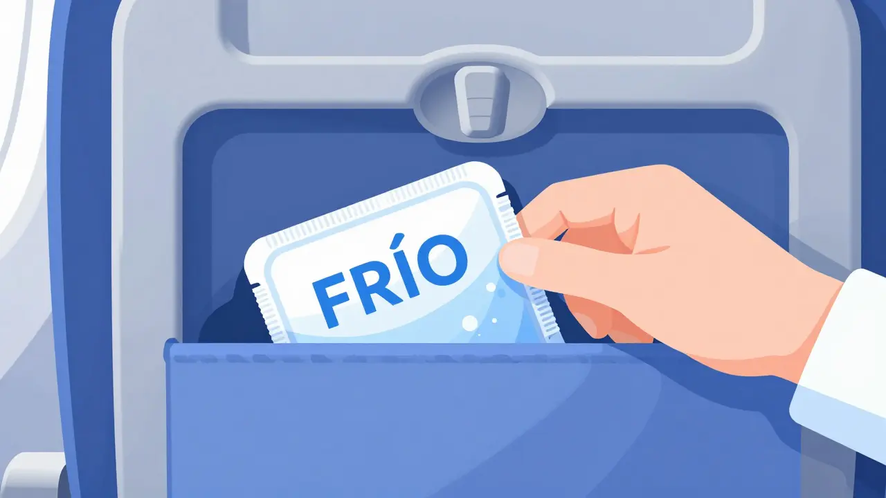 Hand placing a medical cooling pouch into an airplane seat-back pocket.