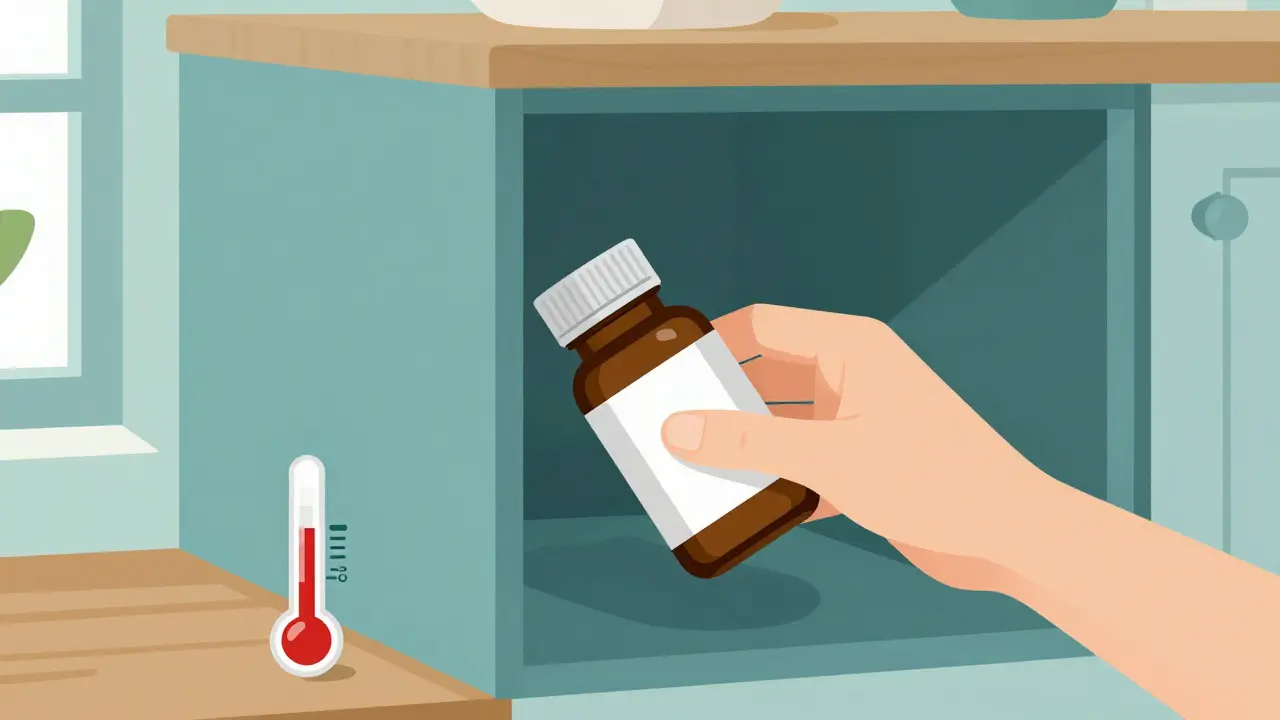 Hand storing a supplement bottle in a cool, dry kitchen cupboard