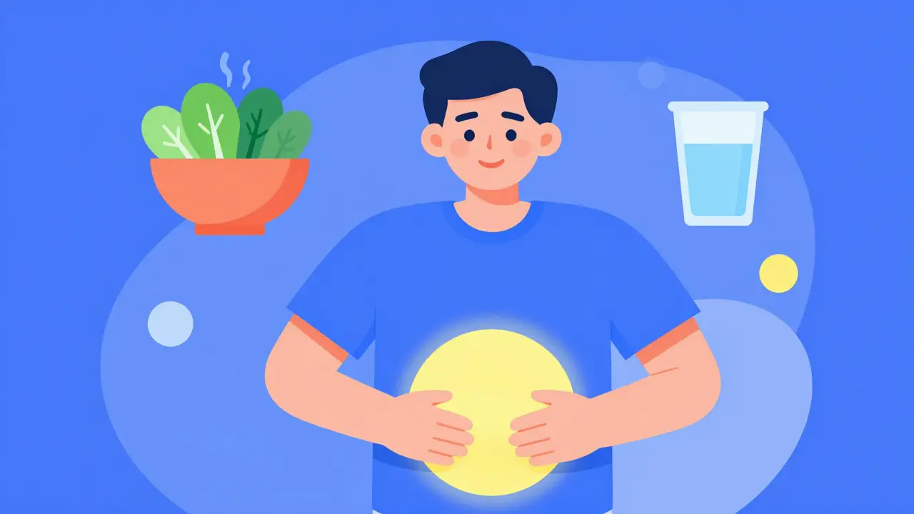 Happy person feeling digestive relief with healthy food icons in a flat illustration.