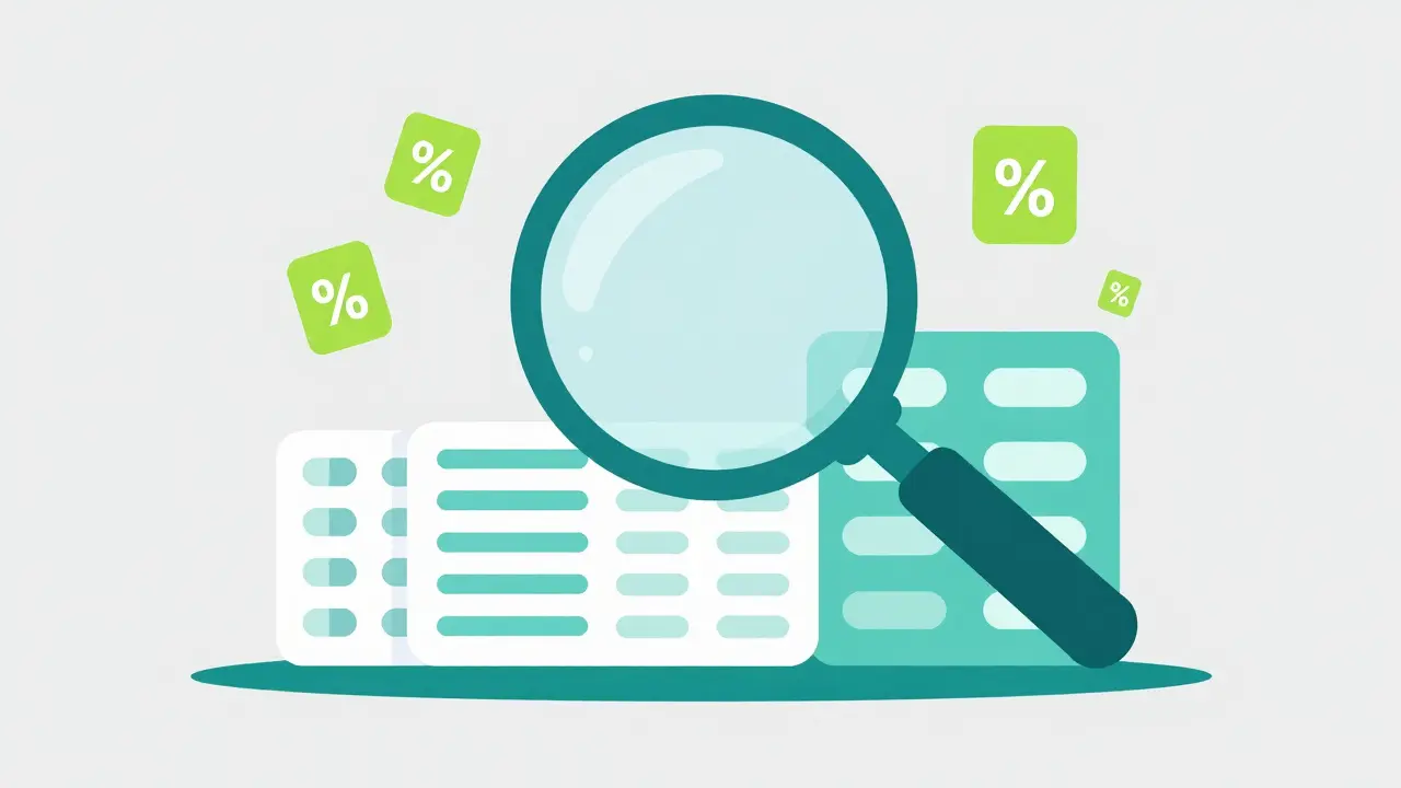 Magnifying glass examining generic medication packs with discount tags in flat design style