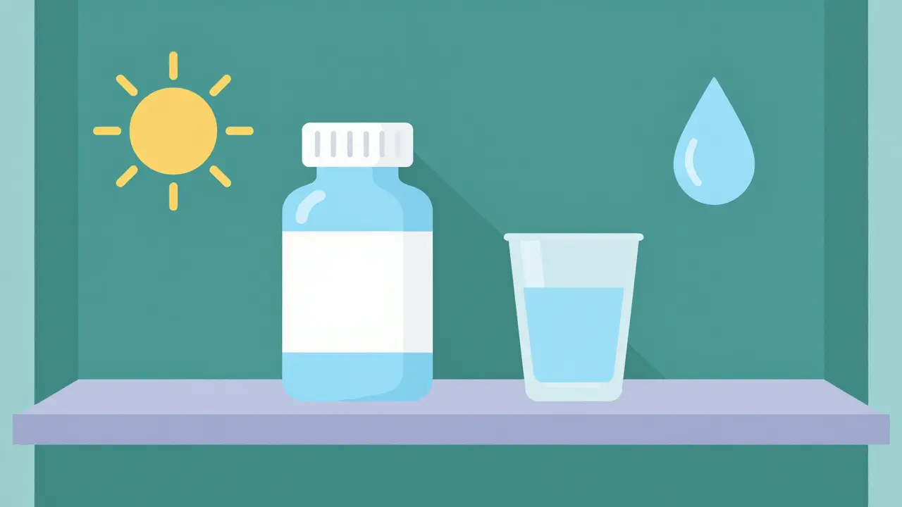Medicine bottle stored correctly in a cool dry place, flat design illustration.