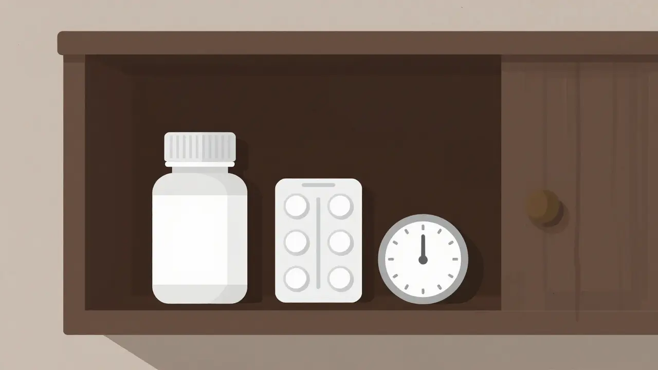 Medicine bottle stored safely in a dark, dry cabinet