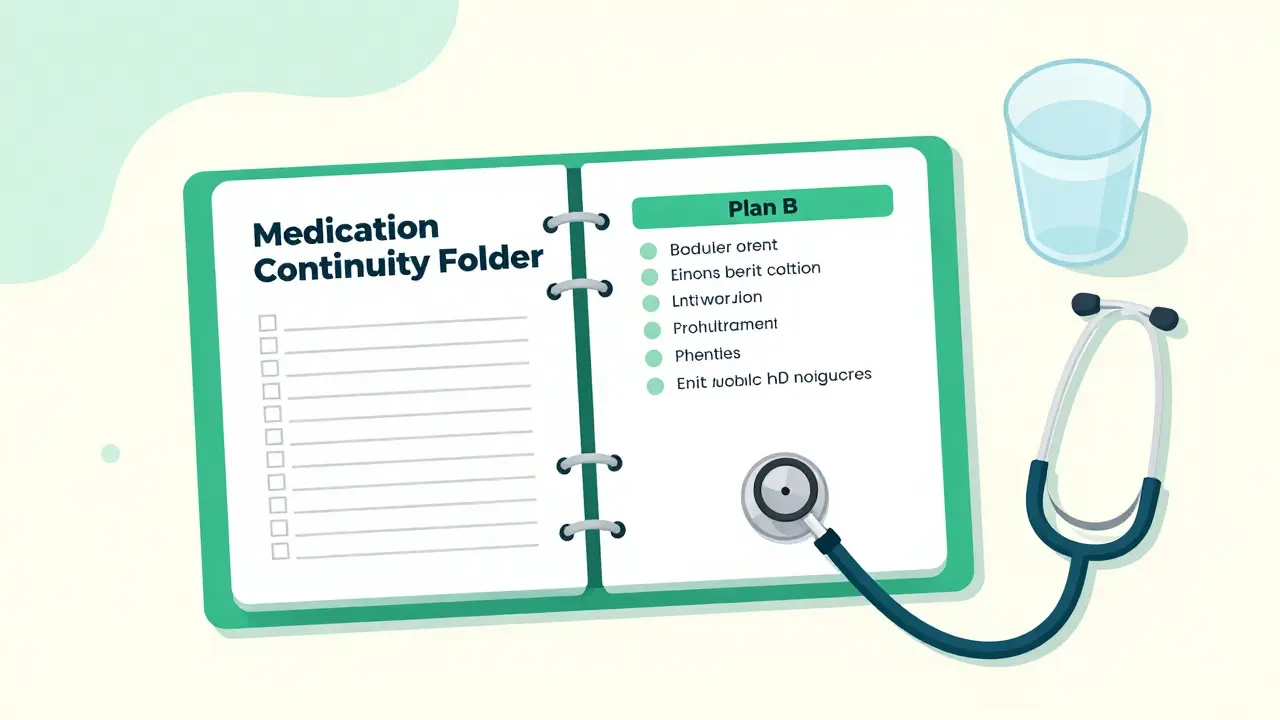 Open medication continuity folder and health tools in flat design