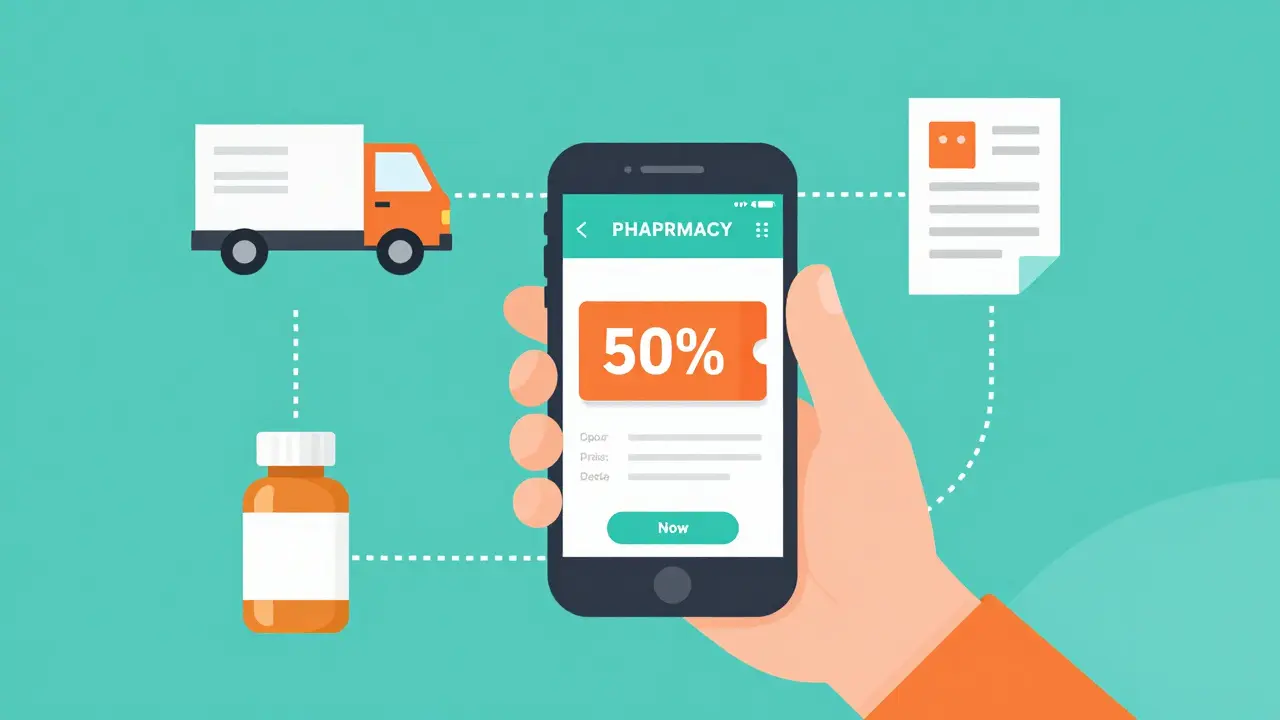 Person using a smartphone app to find medication discounts with shipping icons.