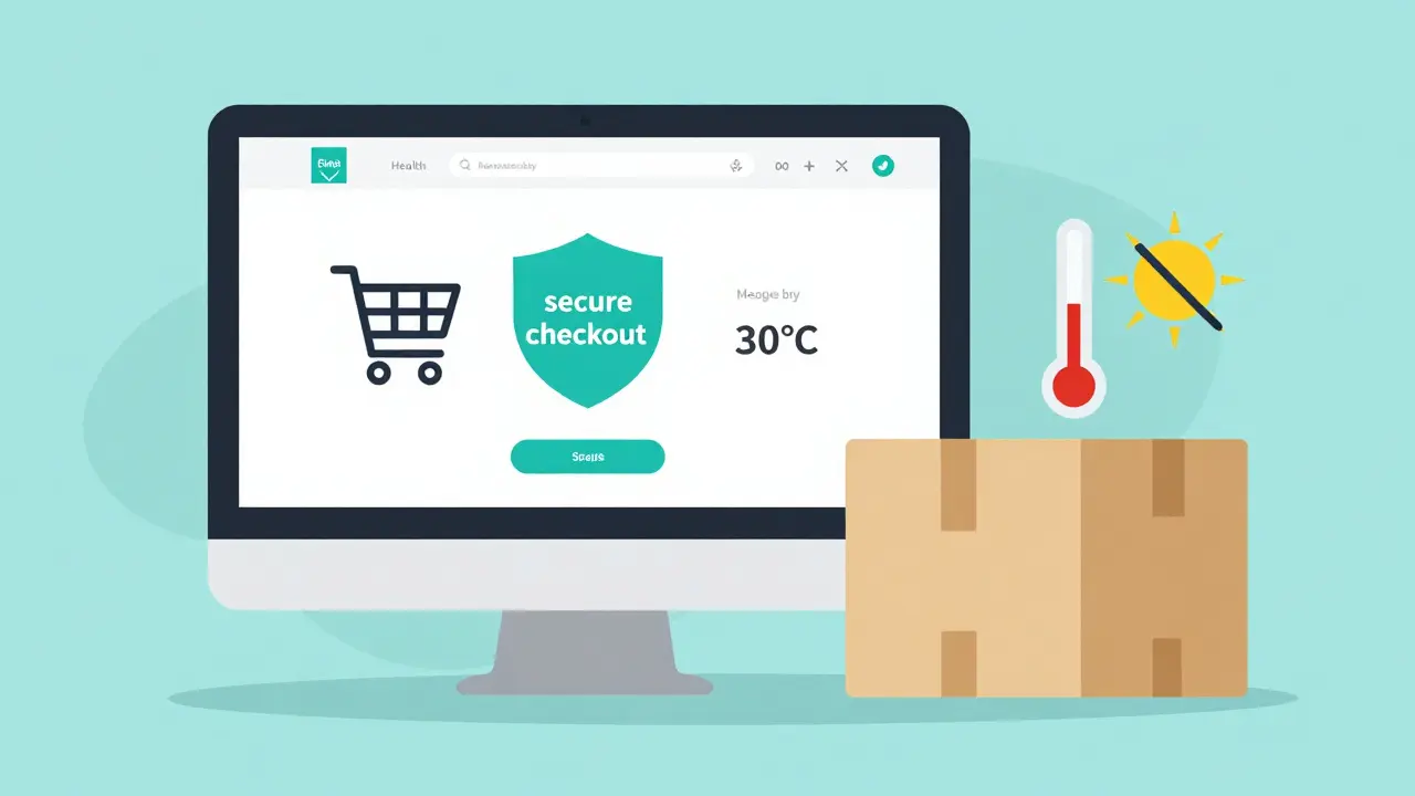 Secure online shopping interface and a shipping box with temperature control icons.