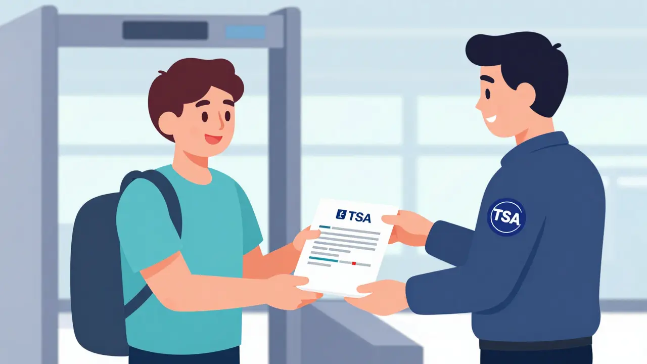 Traveler presenting a doctor's letter and labeled medication to airport security.