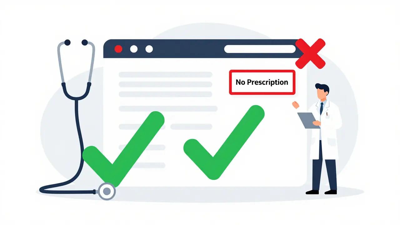 Visual guide showing a legitimate pharmacy with a checkmark and a fake one with an X.