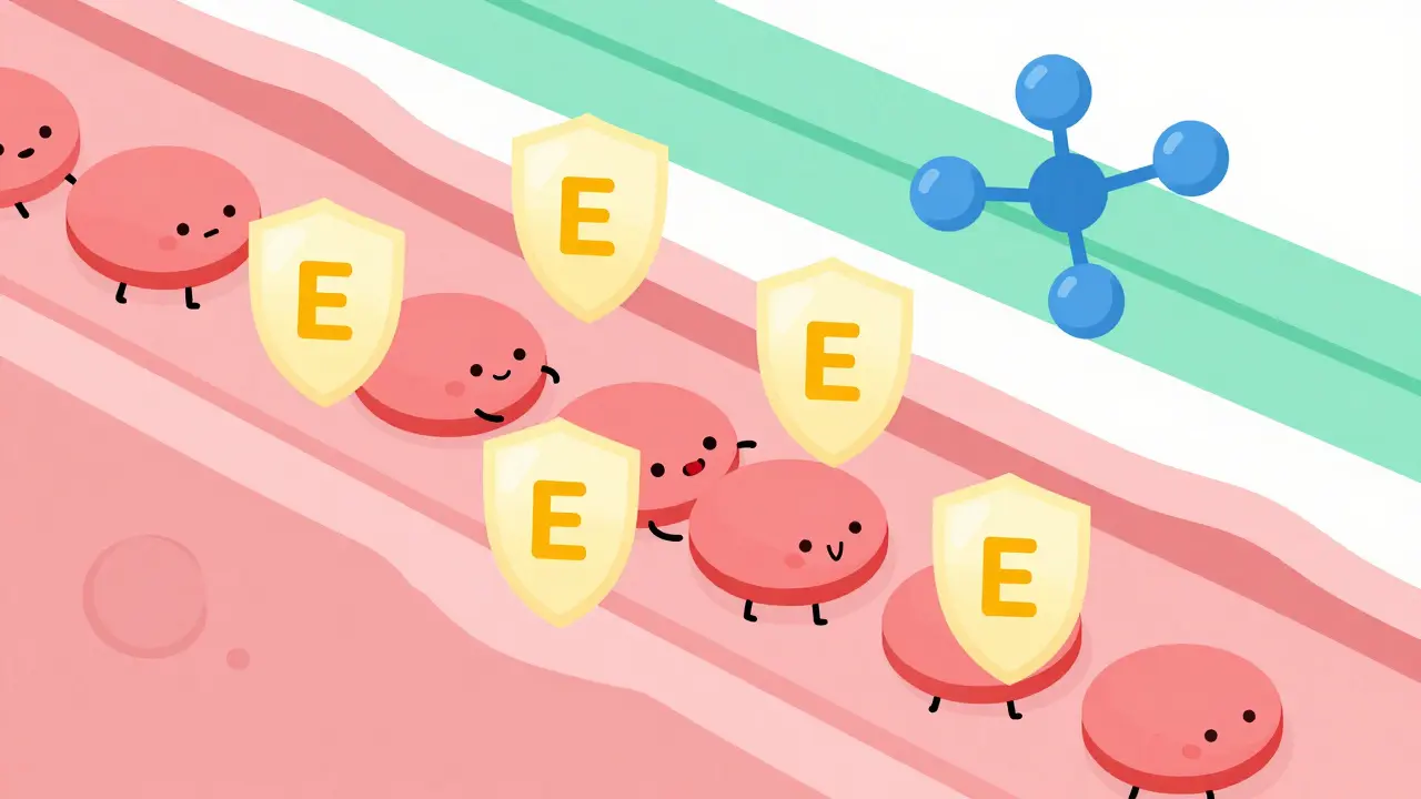 Abstract illustration showing Vitamin E blocking platelets from sticking together while Warfarin inhibits clotting factors.