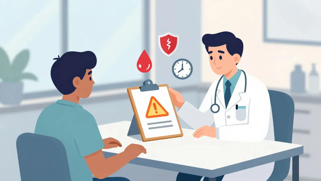 Doctor consulting with a patient about medication risks, indicated by warning icons floating above a clipboard.