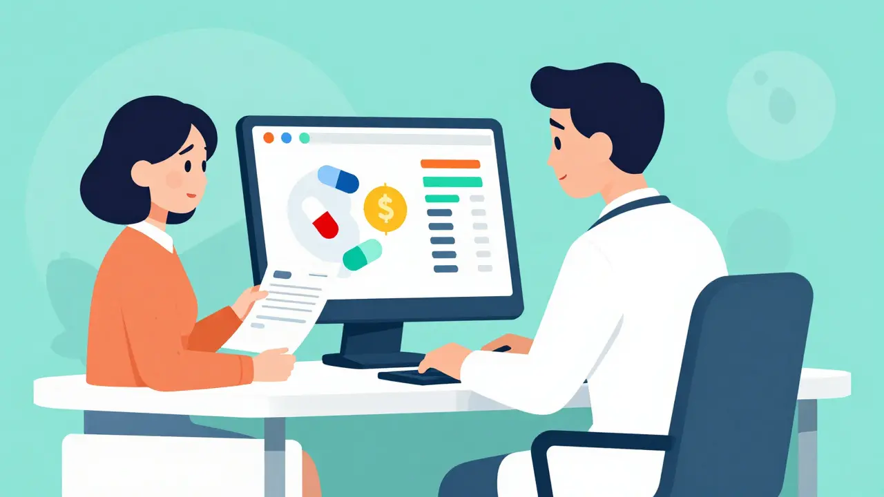 Doctor using digital tool to check drug costs for a patient