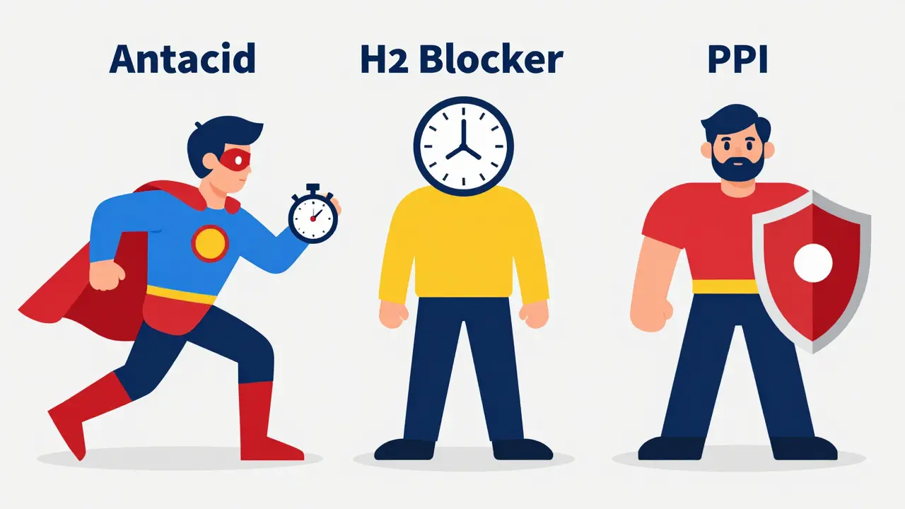 Flat design comparison of antacid, H2 blocker, and PPI effects