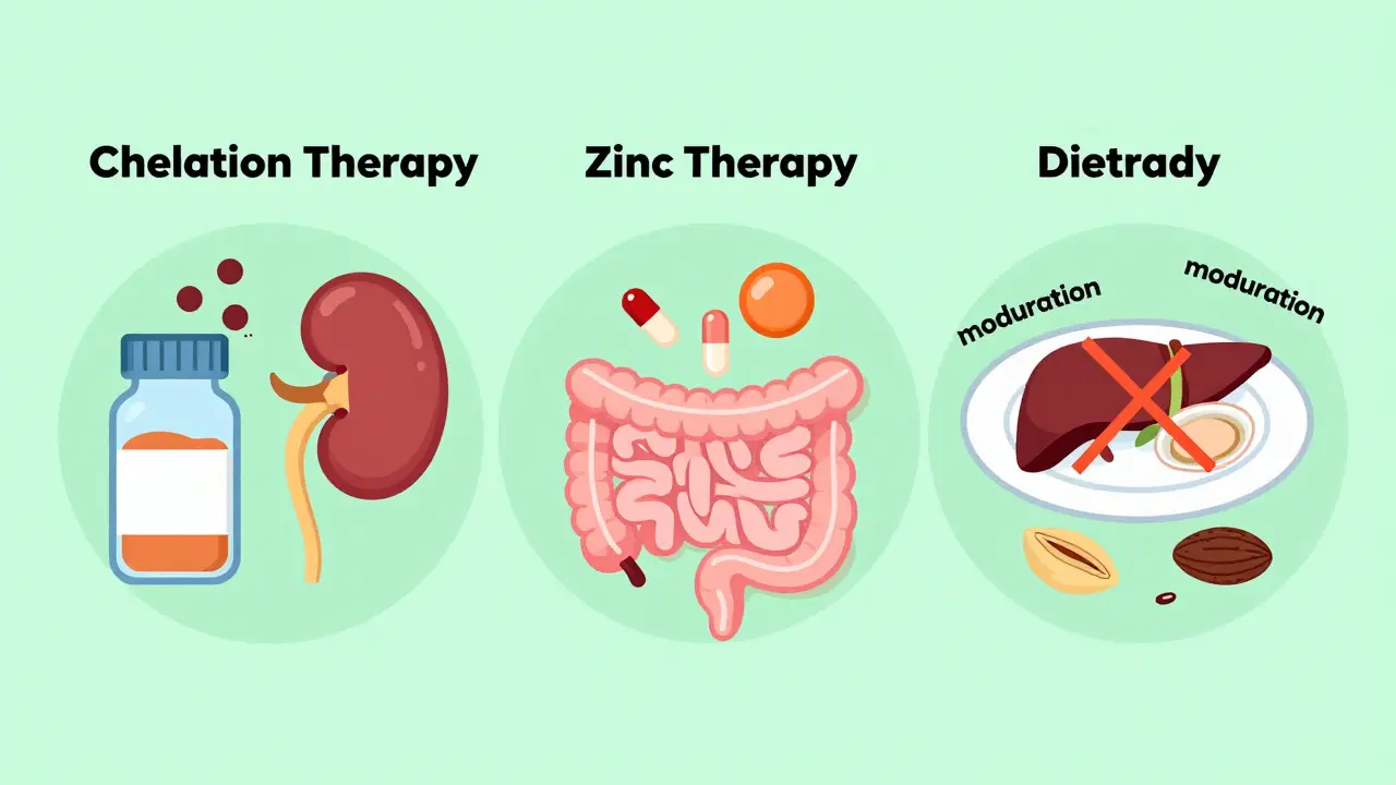 Flat design illustrating chelation, zinc therapy, and dietary restrictions for treatment.