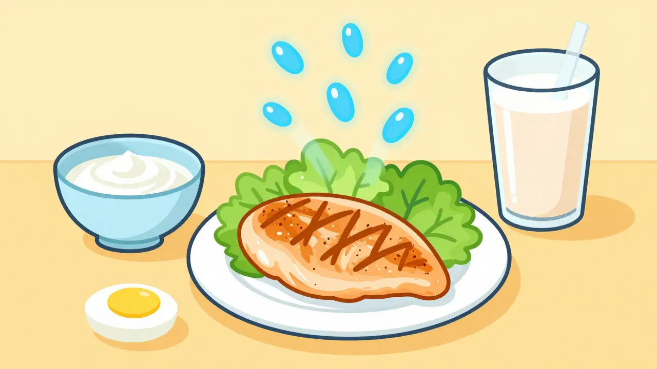 Flat design of a nutritious meal with protein sources and leucine particles.