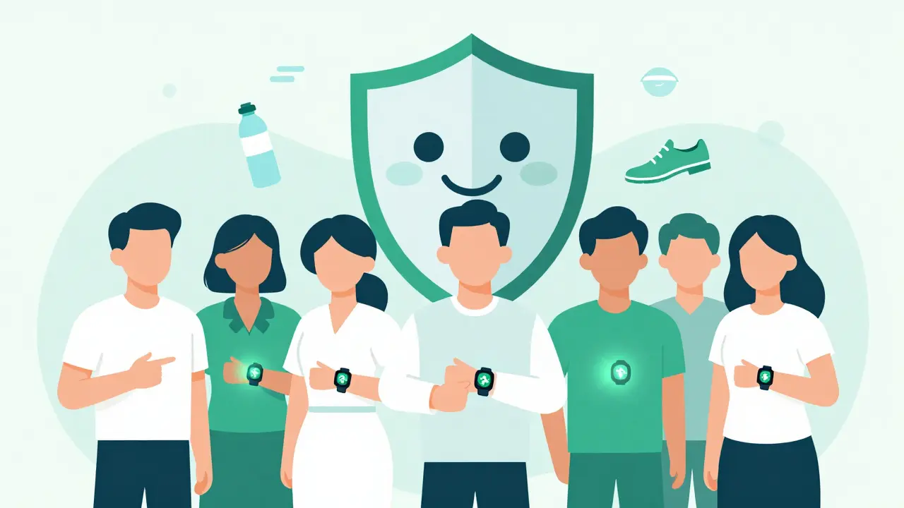 Flat design of people using smartwatches for heart health monitoring.