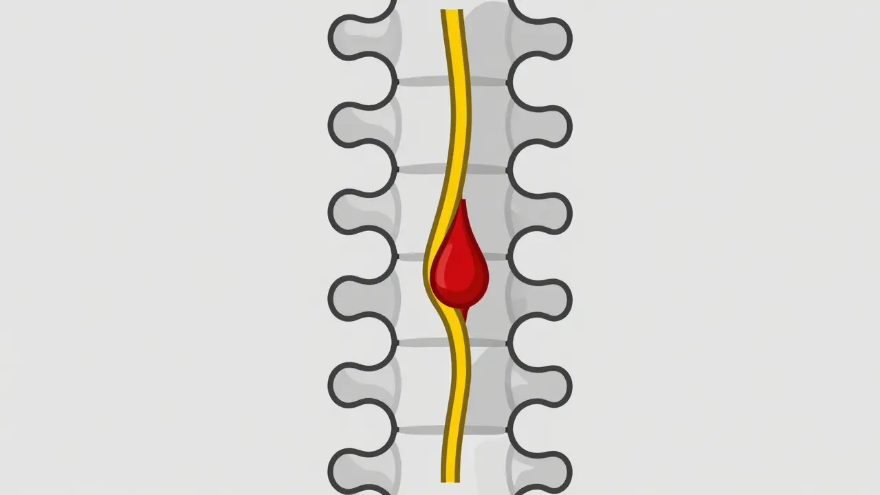 Flat illustration of spinal cross-section showing hematoma compressing nerve.