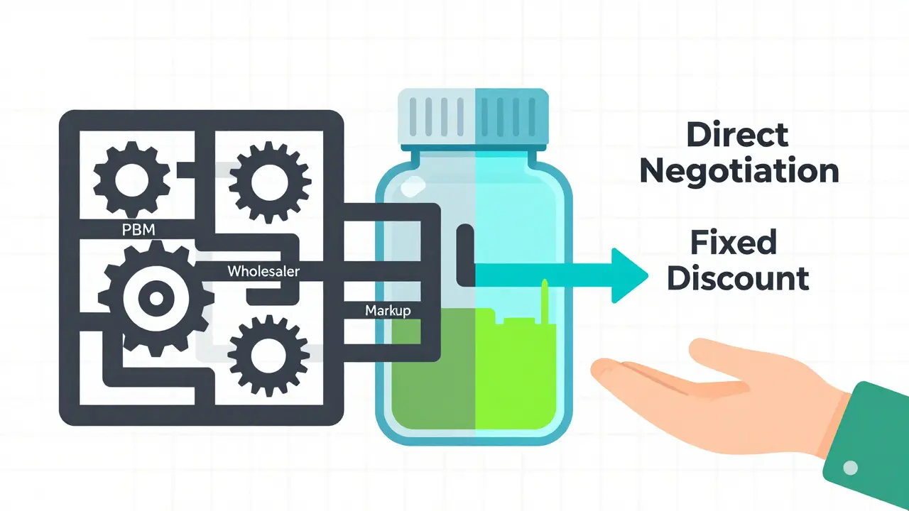 Illustration comparing complex retail drug markup maze with simple direct-to-consumer online pricing.