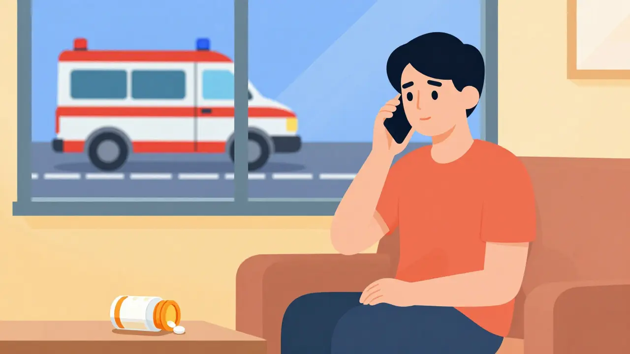 Illustration of person calling 911 and taking aspirin during heart attack.