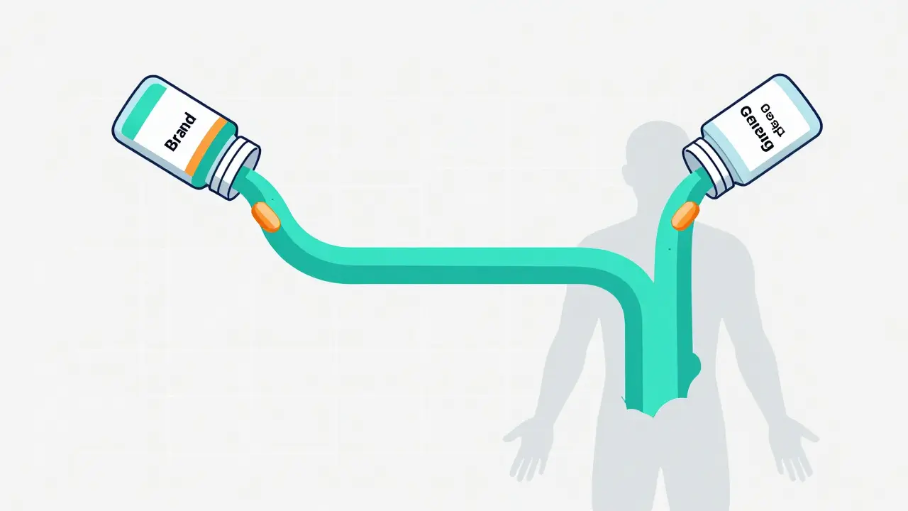 Illustration showing brand and generic drugs merging into identical bloodstream