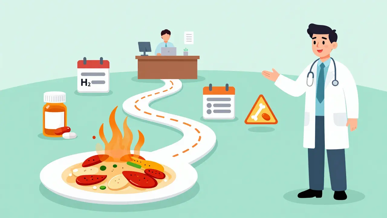 Illustration showing heartburn treatment timeline and medical advice