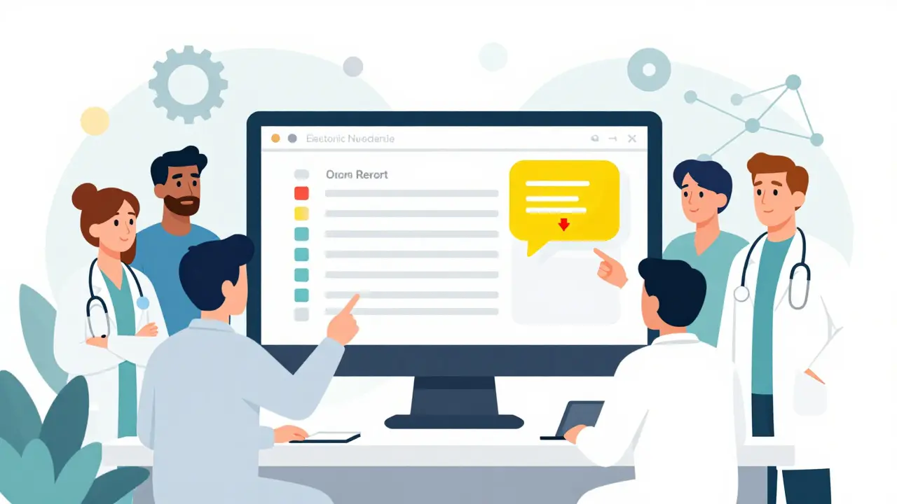 Medical team viewing EHR alert for generic drug savings in flat design