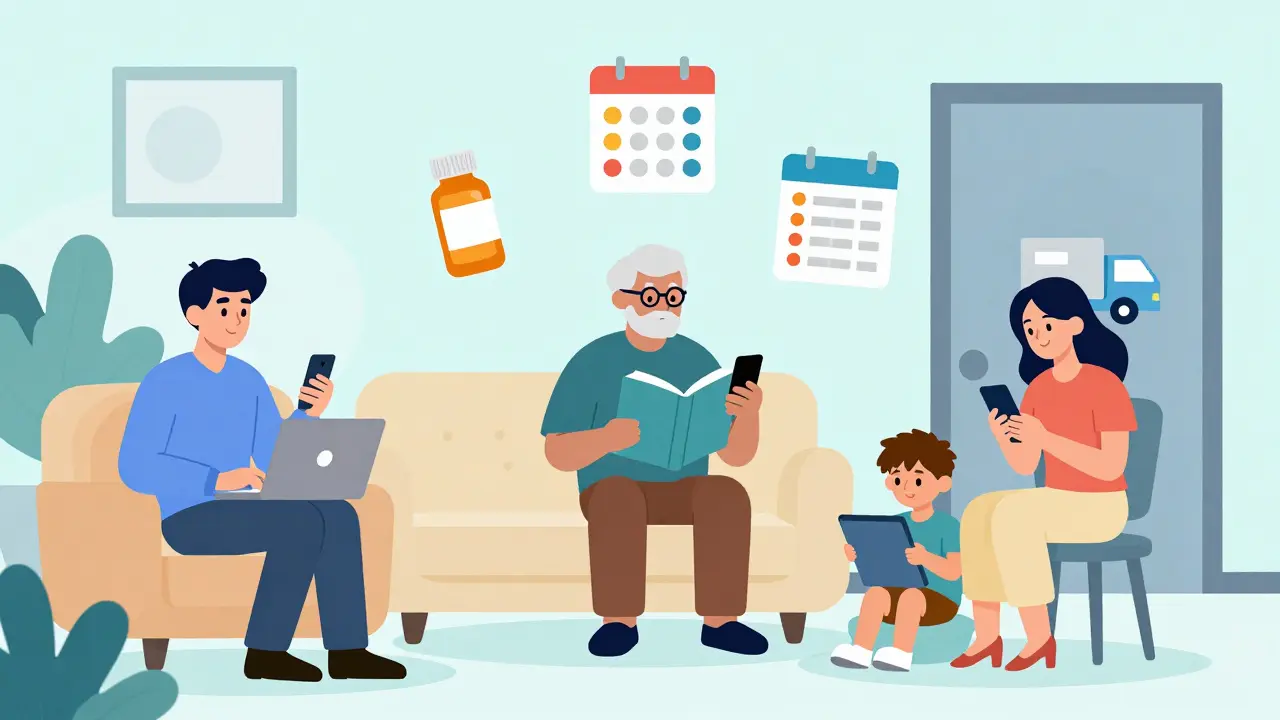 People using smartphones for automatic medication refills and home delivery in a cozy living room.