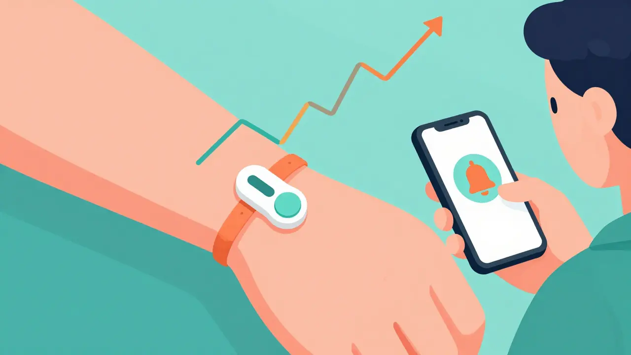 Person wearing CGM sensor with abstract glucose trend waves