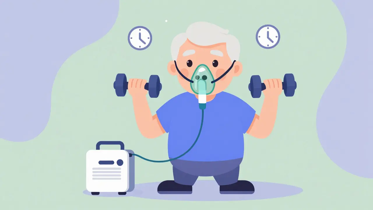 Person with COPD doing light weight training while using supplemental oxygen.