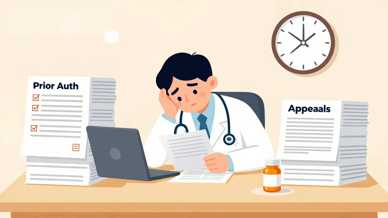 Provider overwhelmed by prior authorization paperwork stack