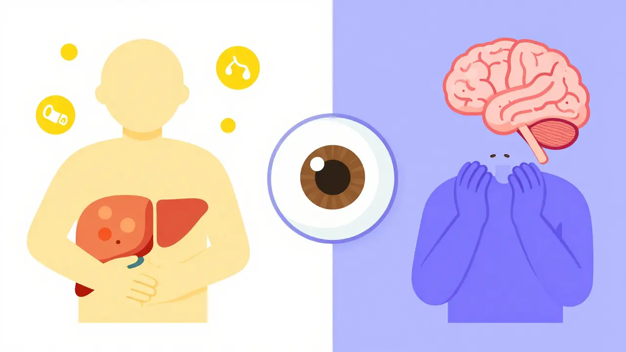 Split cartoon showing liver and brain symptoms plus eye rings in Wilson's disease.