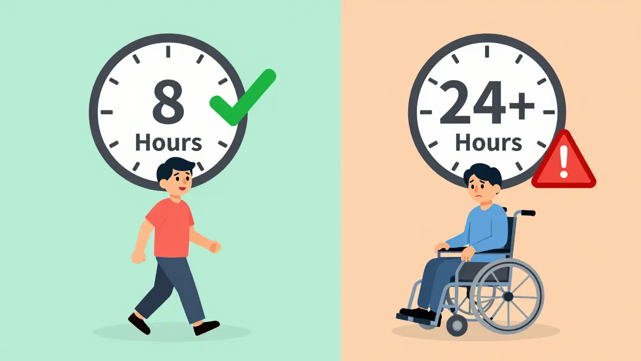 Split screen comparing recovery at 8 hours versus delayed treatment at 24 hours.