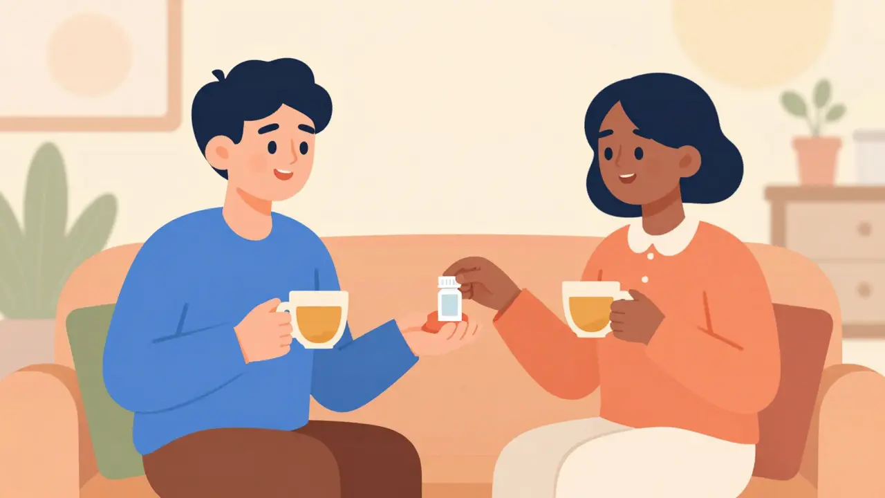 Two friends sharing medication tips in a living room