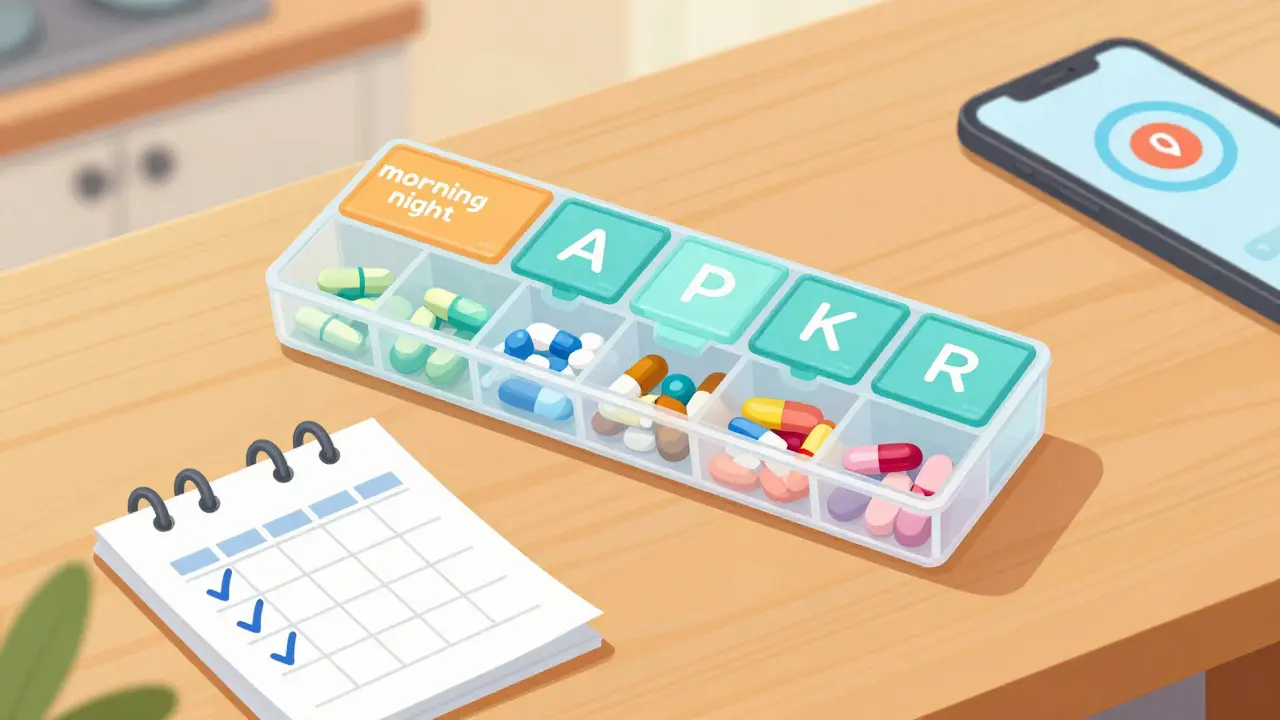 Weekly pill organizer and checked calendar on a table