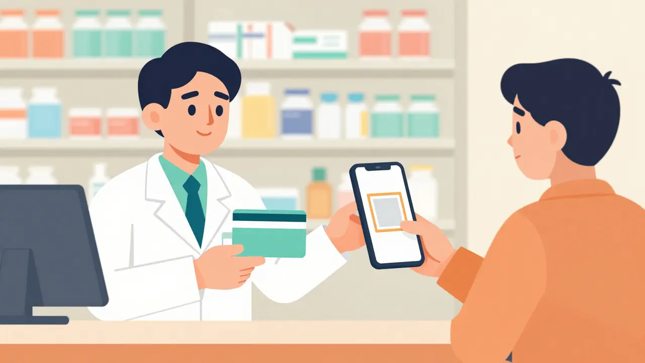 Cartoon showing patient choosing between insurance and pharmacy discounts