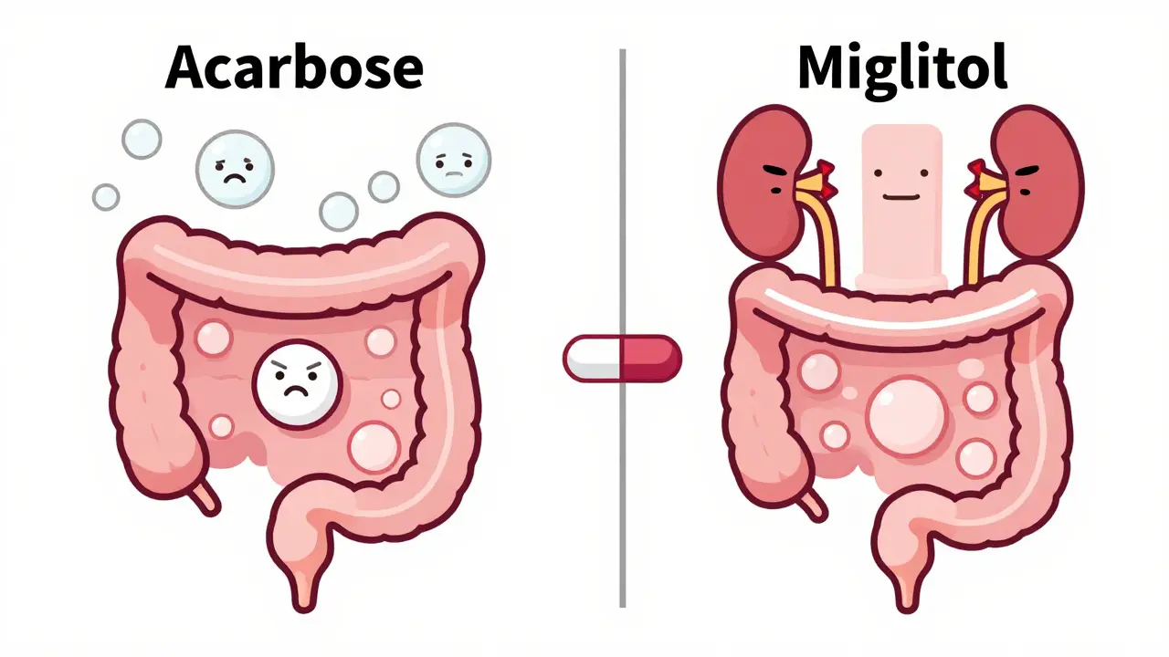 Comparison graphic of Acarbose vs Miglitol side effects