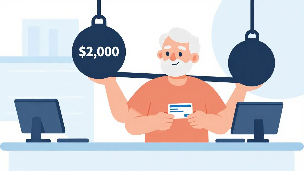 Elderly person feeling relieved at pharmacy counter with Medicare benefits illustration