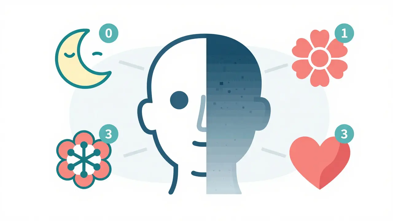 Flat design graphic showing head icon with memory loss and medication risk scores