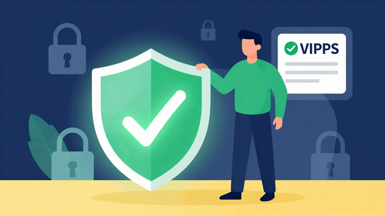 Flat design graphic showing safety icons and shields for verifying online pharmacies.