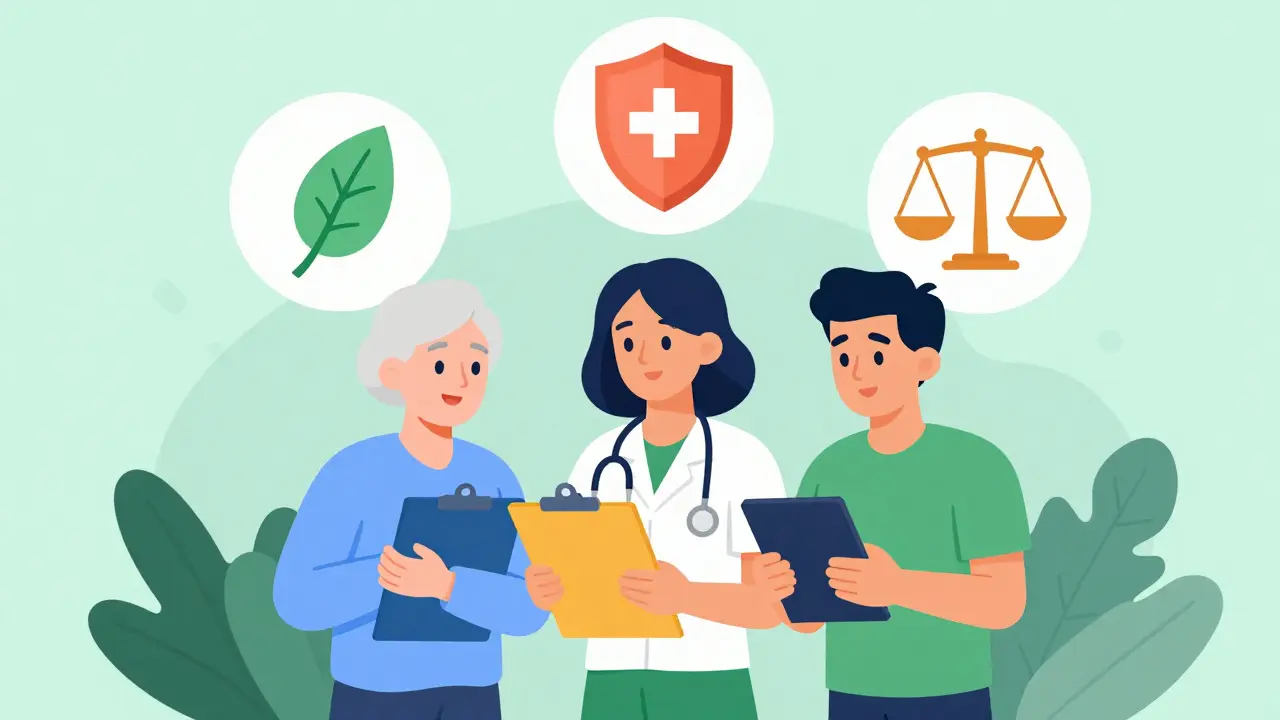 Flat design illustration of people discussing health with icons for safe alternatives
