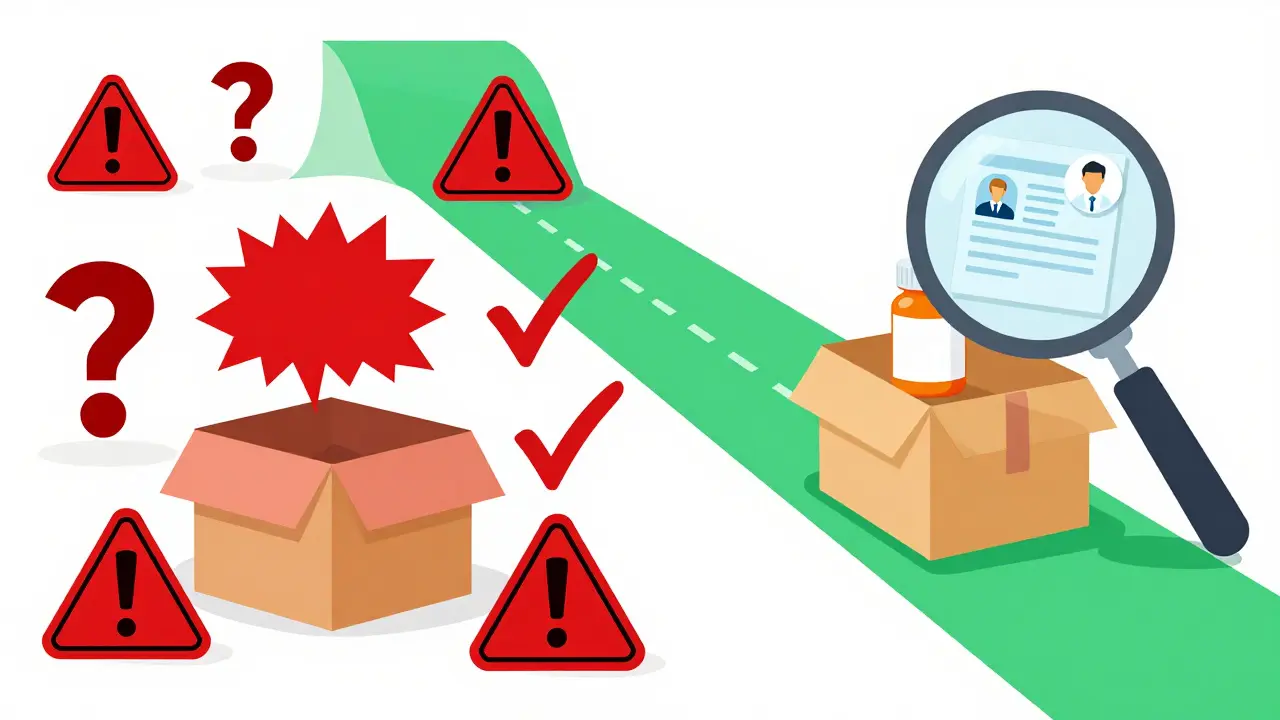 Illustration contrasting unsafe scam websites with secure, verified online pharmacy shopping paths.
