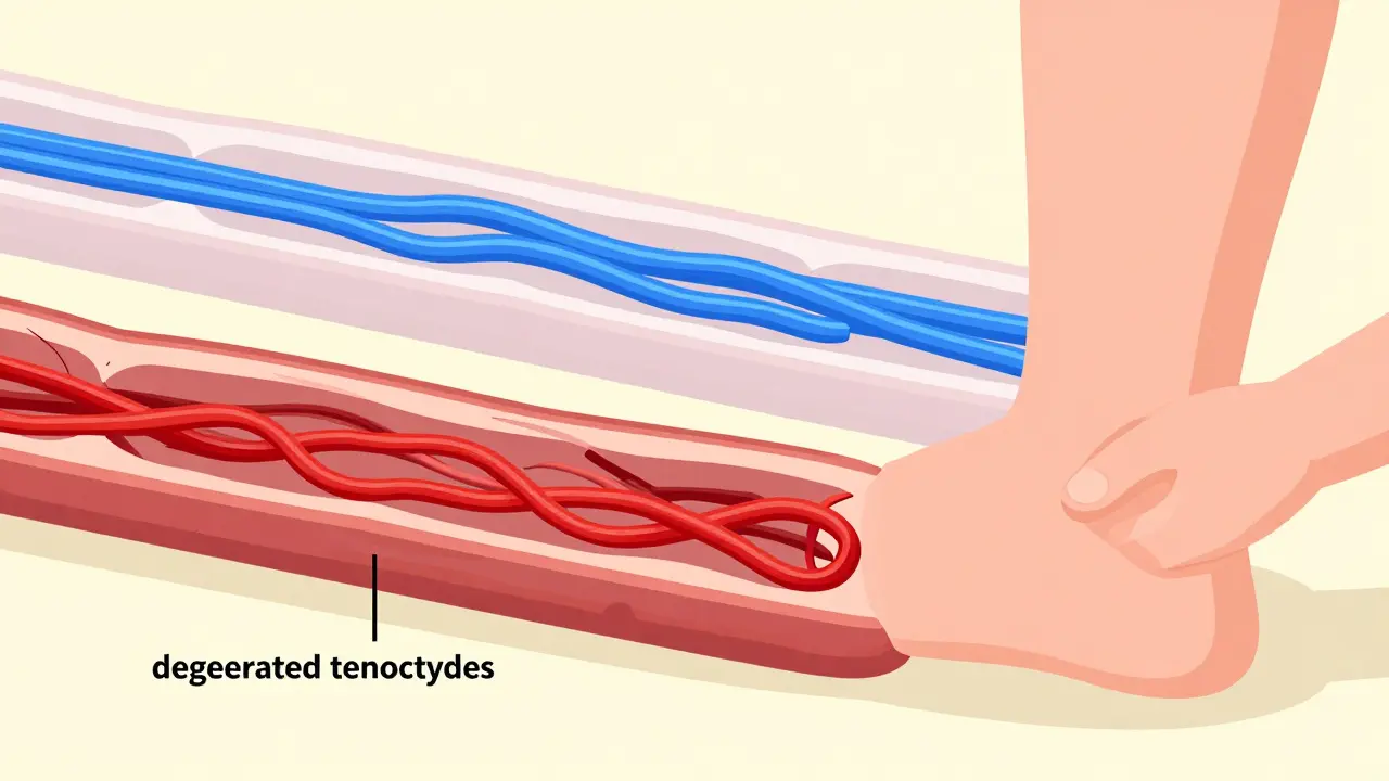 Illustration showing healthy vs degenerated tendon fibers in cross-section
