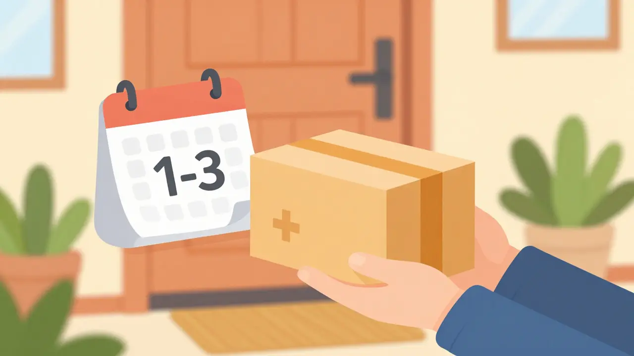 Package delivery at home door with medical symbol
