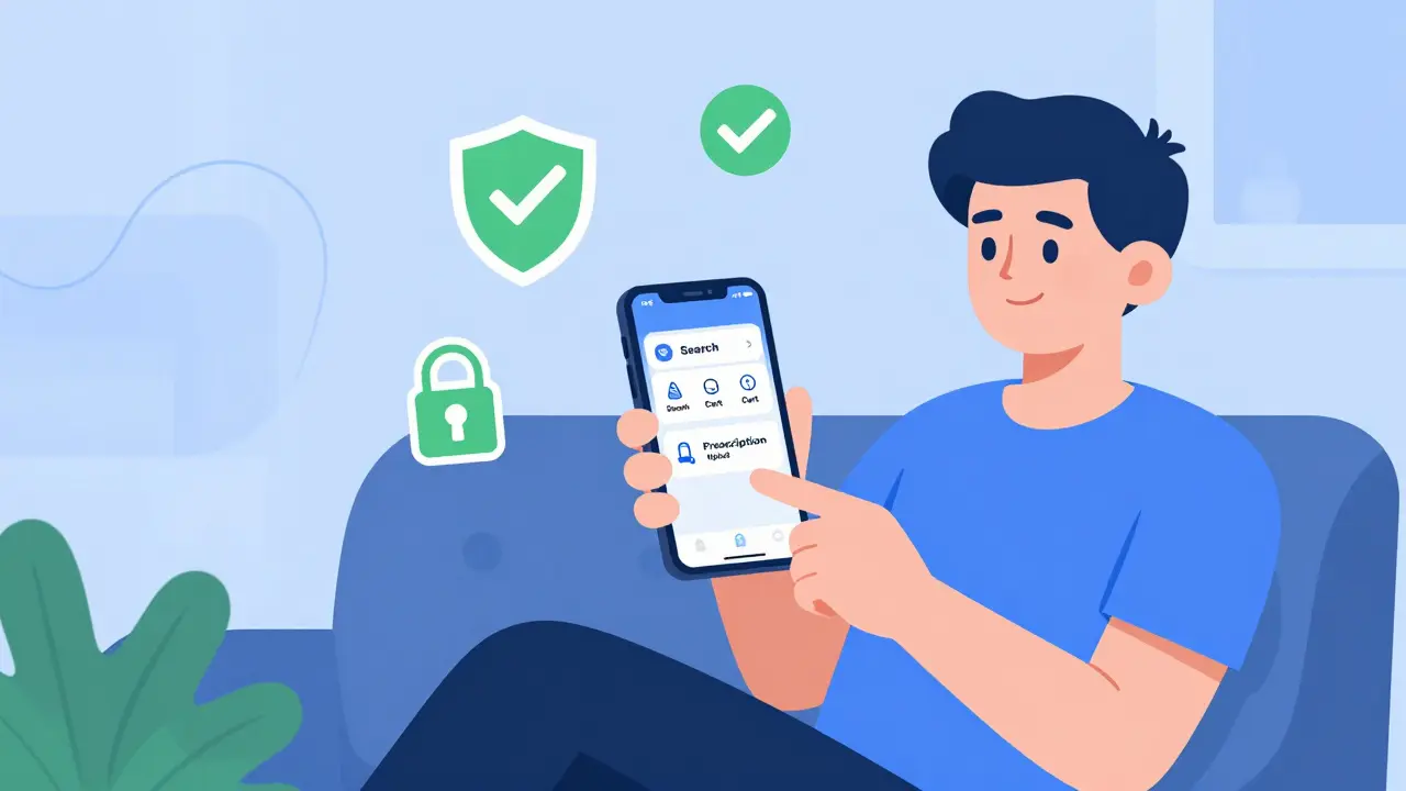 Person using a smartphone to safely order generic medication from a verified online pharmacy.