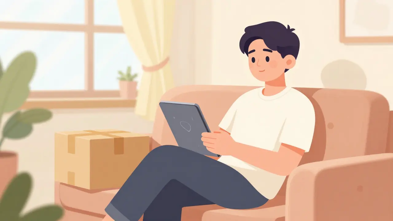 Relaxed person at home receiving medication delivery via tablet in flat style.