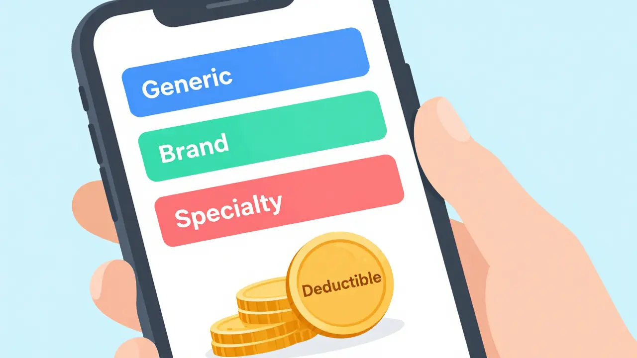 Smartphone showing drug formulary shelves and deductible coins in flat illustration