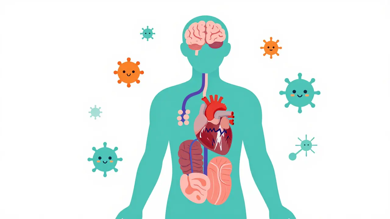 Abstract flat design of human body showing brain, heart, and immune system issues