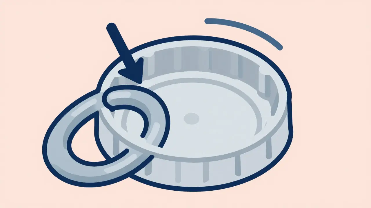 Cutaway view of push-and-turn safety cap mechanism
