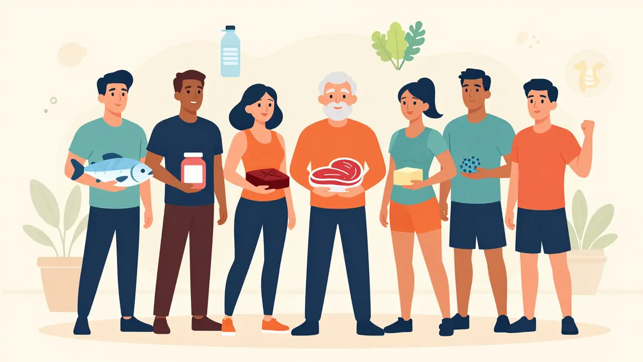 Diverse people holding protein foods in a bright gym setting