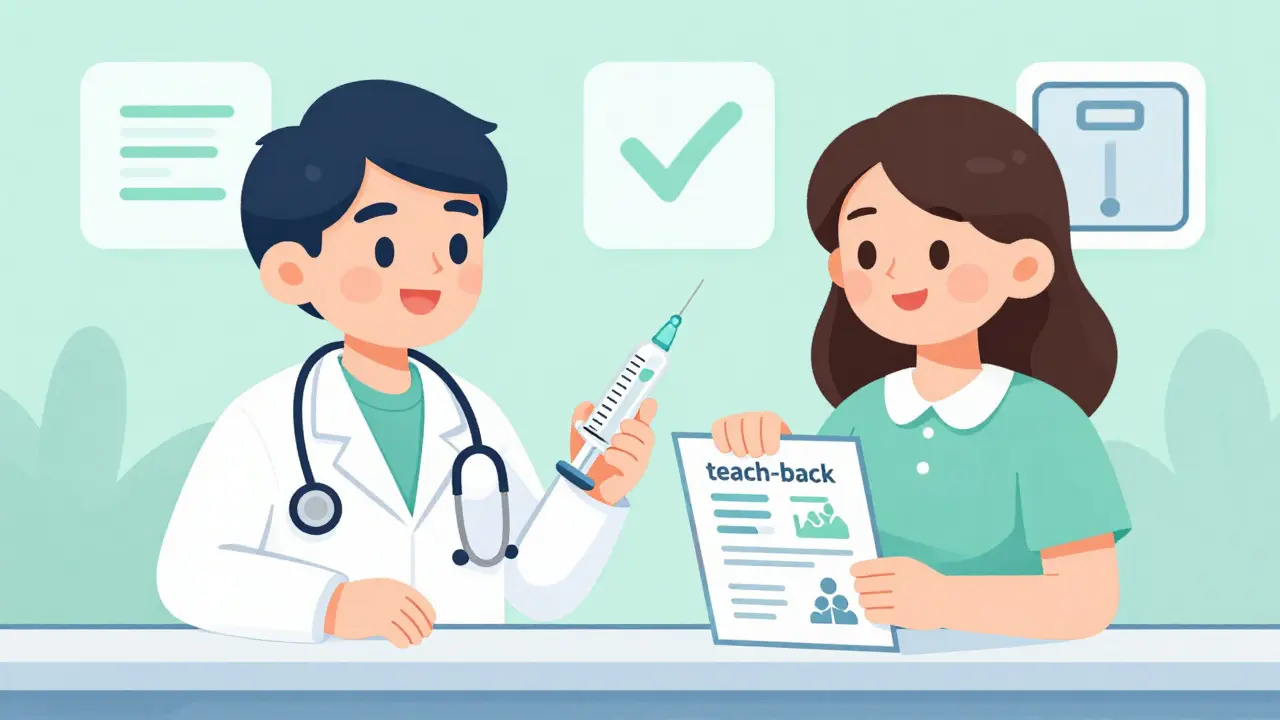 Doctor teaching parent how to use a dosing syringe