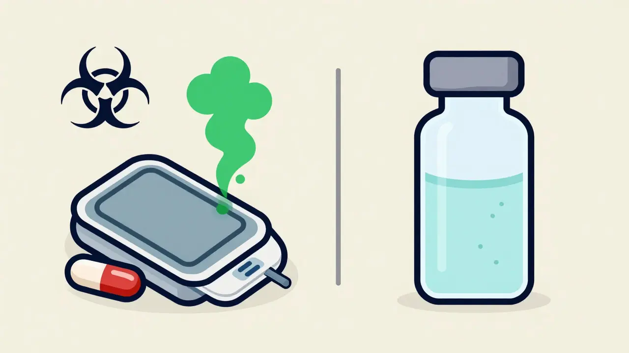 Flat illustration of contaminated pills and diluted chemo vials
